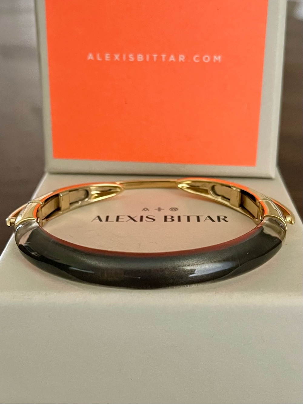 Alexis Bittar Orbital Lucite Dark Grey Black & Golden Bangle Bracelet - Picture 12 of 17